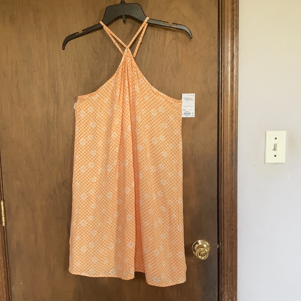 3/$24 So Halter neck swing mini dress orange check w floral print XXL jrs